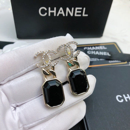 CHANEL 26S DOUBLE C LOGO CRYSTAL OCTAGON BLACK STONE DROP EARRINGS IN GOLD METAL 631087