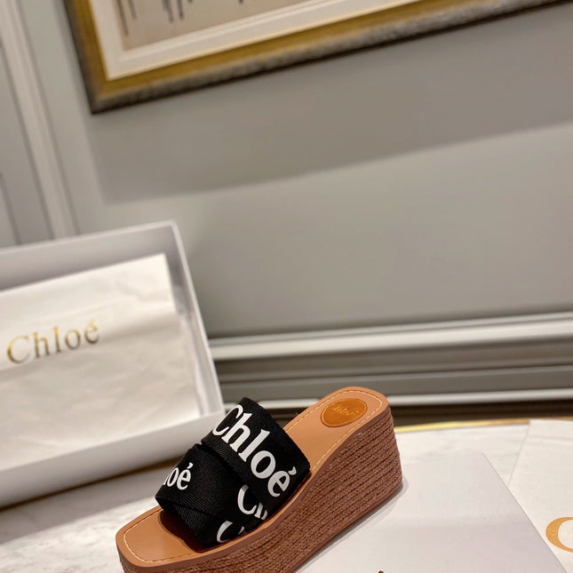WOODY WEDGE IN BLACK DENIM WITH WHITE LOGO