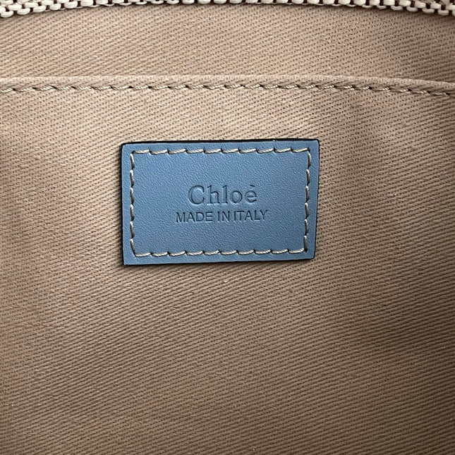 MEDIUM STRAP WOODY TOTE BAG 37 IN BEIGE LINEN CANVAS BLACK WEBBING LOGO EMBROIDER BLUE CALFSKIN