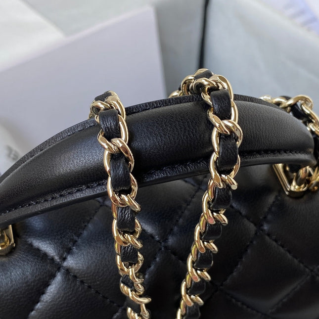 CHANEL 25S MINI FLAP BAG WITH TOP HANDLE 20 IN BLACK CALFSKIN GOLD HARDWARE