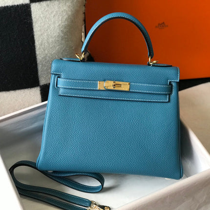 HERMES KELLY BAG 25CM IN BLUE TOGO LEATHER WITH GOLD HARDWARE