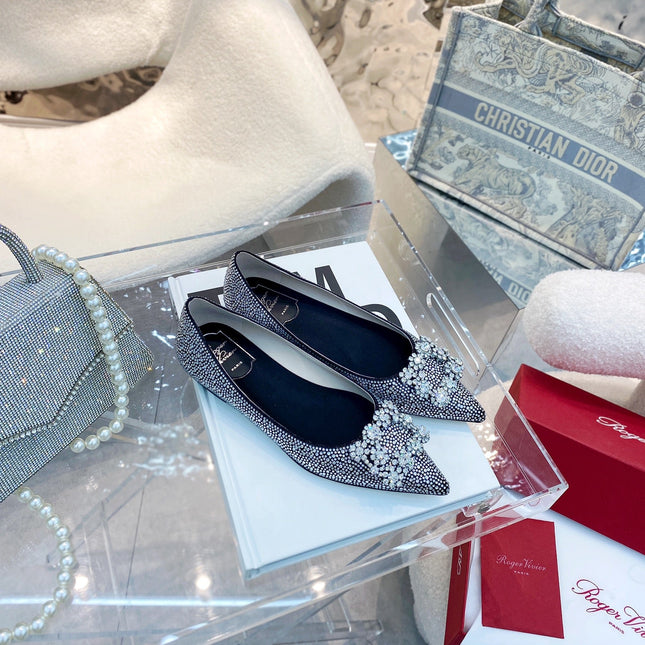 EFFLORESCENCE BALLERINAS IN BLACK CALFSKIN WITH FULLY EMBELLISHED CRYSTALS