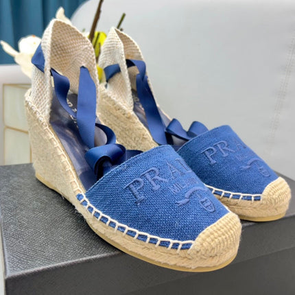 PRADA 26S ESPADRILLE HIGH HEEL SANDALS IN BLUE CANVAS