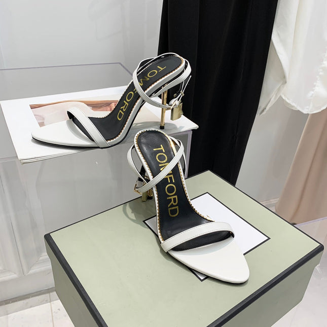 PADLOCK HIGH HEEL 10 CM SANDAL IN WHITE SHEEPSKIN