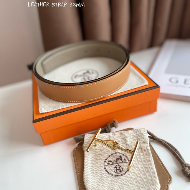 JUMBO BELT GOLD BUCKLE & REVERSIBLE CAMEL BROWN AND ORANGE LEATHER STRAP 32MM