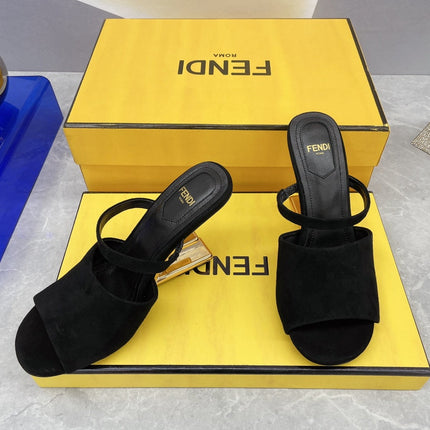 FENDI FIRST 95 MM HIGH-HEELED SANDAL IN BLACK SUEDE GOLD HARDWARE