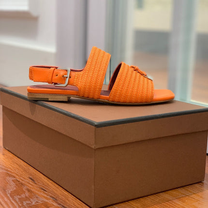 LP RAFFIA CHARMS STRAP FLATS SANDAL ORANGE CALFSKIN