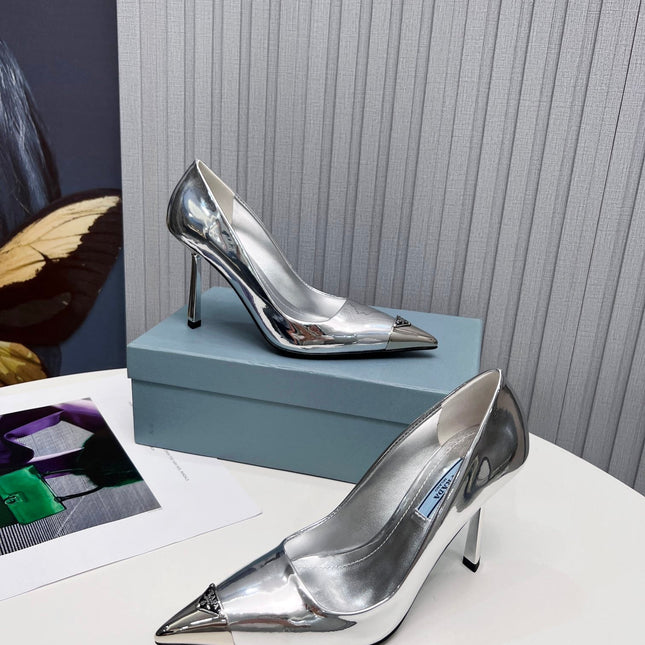 PRADA 26S PUMPS STILETTO HEEL 95MM IN SILVER METAL TIP CALFSKIN
