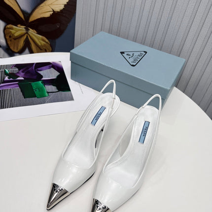 PRADA 26S SLINGBACK HEELS 95MM IN WHITE METAL TIP CALFSKIN