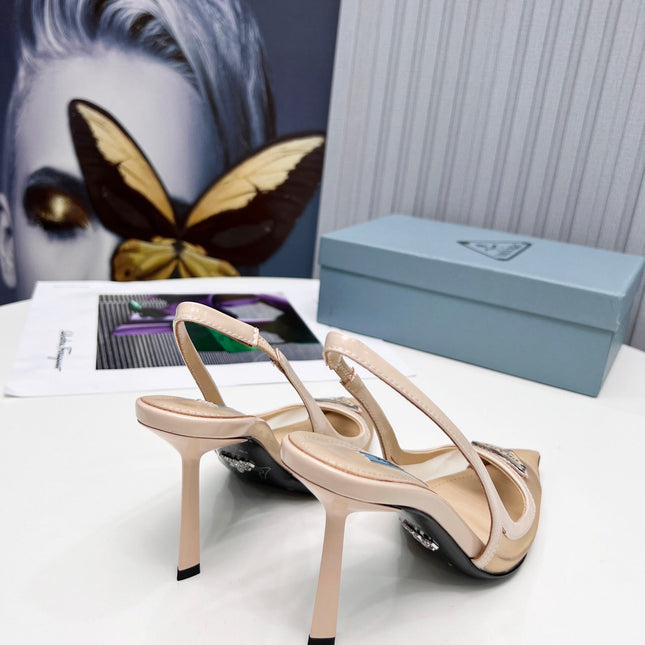 PRADA 26S SLINGBACK PUMPS STILETTO HEEL 95MM IN NUDE BEIGE MESH WITH LOGO