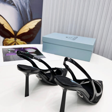 PRADA 26S SLINGBACK PUMPS STILETTO HEEL 95MM IN BLACK MESH WITH LOGO