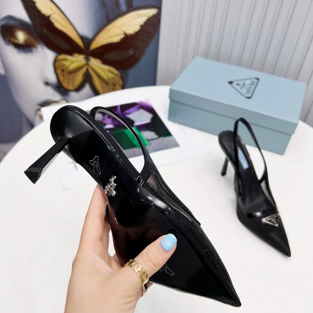 PRADA 26S SLINGBACK PUMPS STILETTO HEEL 95MM IN BLACK MESH WITH LOGO
