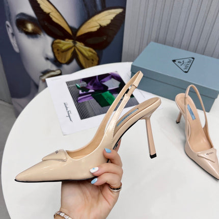 PRADA 26S SLINGBACK PUMPS STILETTO HEEL 95MM IN NUDE BEIGE CALFSKIN LOGO