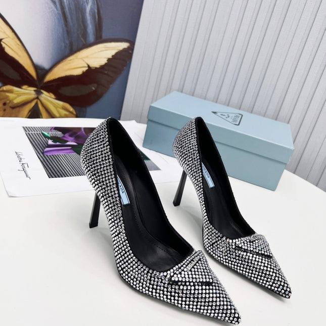 PRADA 26S POINTED TOE PUMPS STILETTO HEEL 95MM IN CRYSTAL EMBELLISHED STYLE 1
