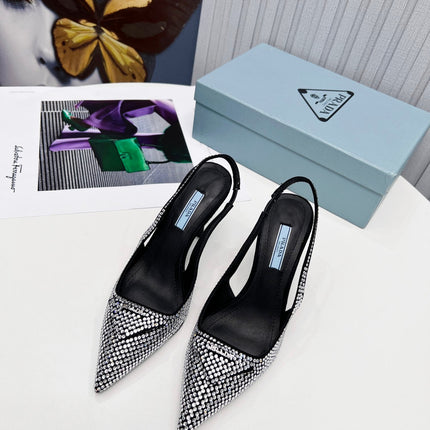 PRADA 26S SLINGBACK PUMPS STILETTO HEEL 95MM IN CRYSTAL EMBELLISHED STYLE 1