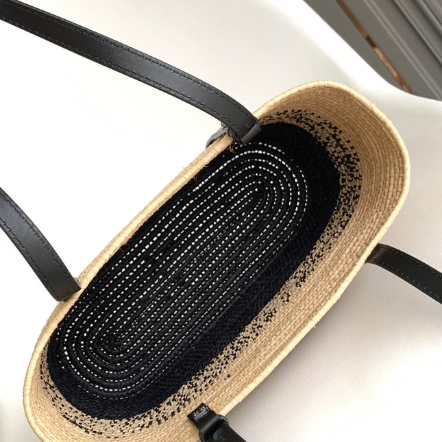 LOEWE 25S BASKET BAG 30 IN NATURAL MIX BLACK RAFFIA CALFSKIN SHOULDER STRAP