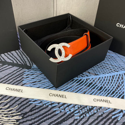 CHANEL 25S BELT 30 MM IN ORANGE CALFSKIN WITH SILVER HARDWARE 615097