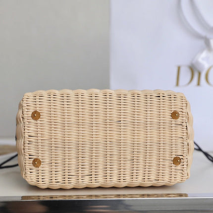 LADY 24 BASKET BAG IN BLACK OBLIQUE JACQUARD MIX BEIGE WICKER