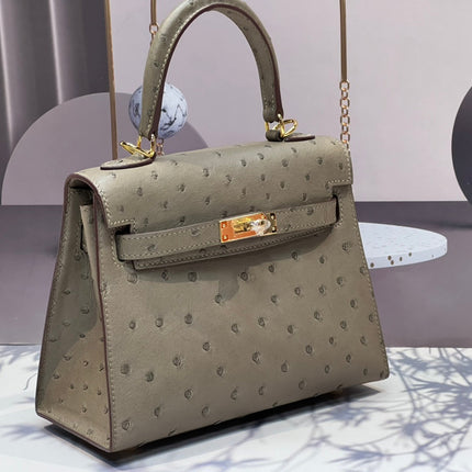 KELLY BAG 20 IN KHAKI BEIGE OSTRICH LEATHER WITH GOLD HARDWARE