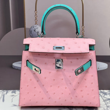 KELLY BAG 20 IN FLAMINGO PINK MIX CYAN BLUE OSTRICH LEATHER WITH SILVER HARDWARE