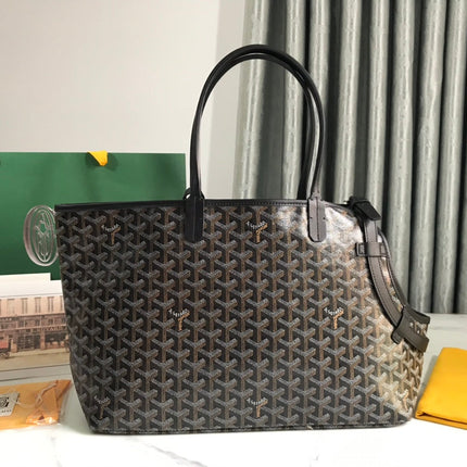 CHIEN GRIS BAG 33 IN BLACK GOYARDINE CANVAS AND TAN CALFSKIN TRIM