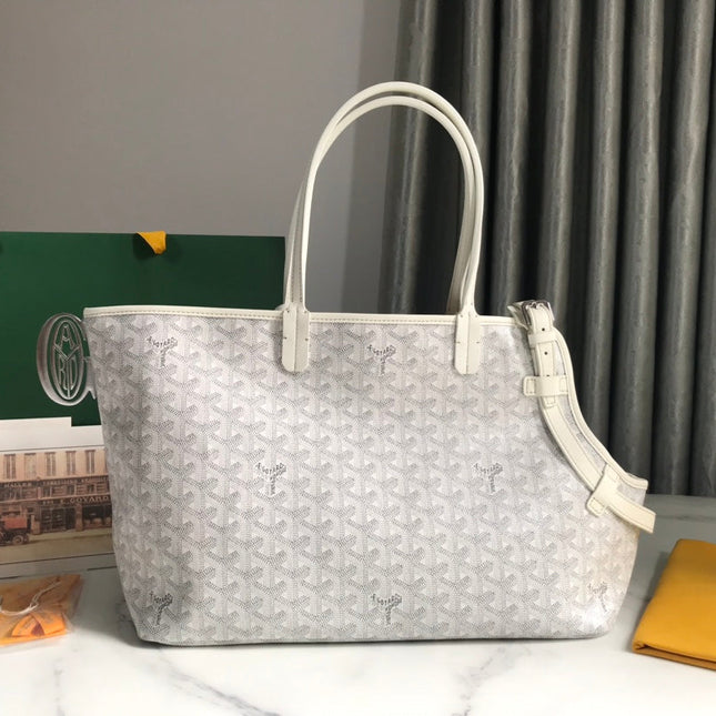 CHIEN GRIS BAG 33 IN WHITE GOYARDINE CANVAS AND TAN CALFSKIN TRIM