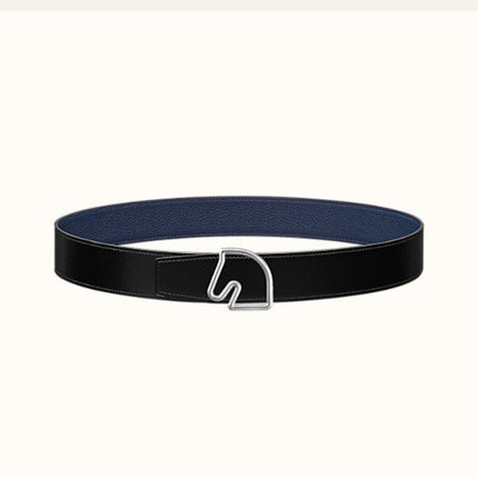BOUCLE BELT BUCKLE & REVERSIBLE NAVY BLUE AND BLACK AND WHITE LEATHER STRAP 38MM SILVER HARDWARE