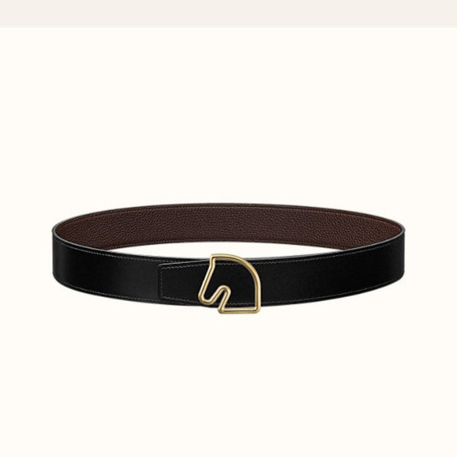 BOUCLE BELT BUCKLE & REVERSIBLE CHOCOLATE BROWN AND BLACK LEATHER STRAP 38MM GOLD HARDWARE