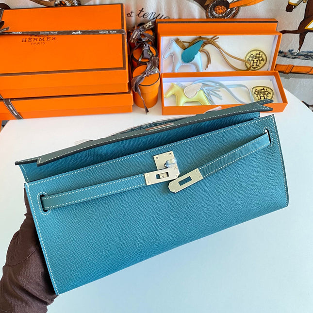 KELLY CUT 31 IN AZURE BLUE CALFSKIN WITH SILVER HARDWARE