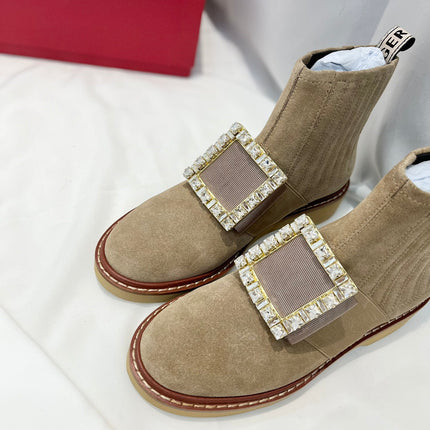 VIV' RANGERS CHELSEA BOOTIES IN LIGHT BROWN SUEDE CRYSTAL BUCKLE