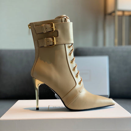 BALMAIN 26S LACE-UP ANKLE BOOTS 105 MM IN BEIGE CALFSKIN