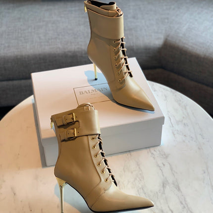 BALMAIN 26S LACE-UP ANKLE BOOTS 105 MM IN BEIGE CALFSKIN