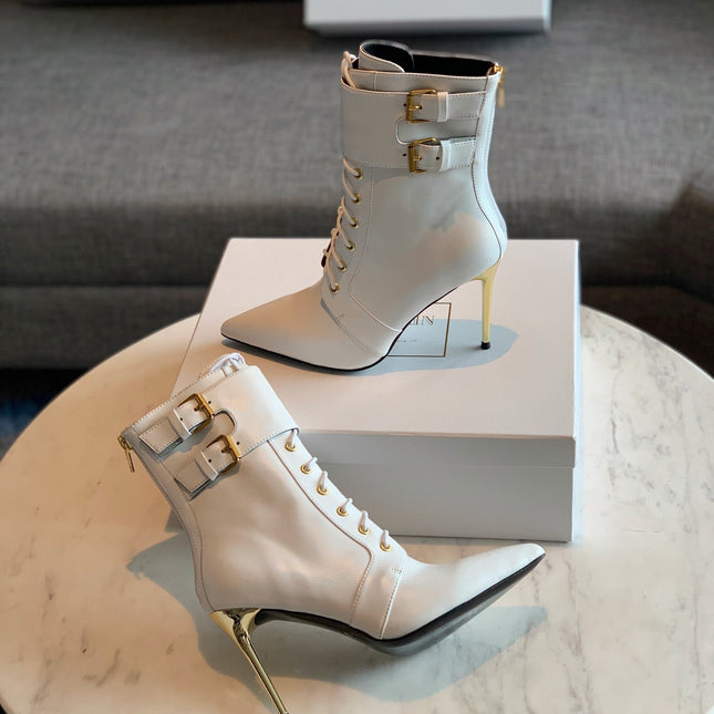 BALMAIN 26S LACE-UP ANKLE BOOTS 105 MM IN WHITE CALFSKIN