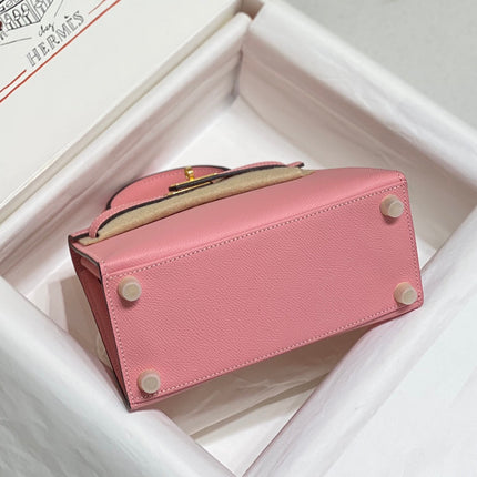 KELLY MINI 20 BAG IN ROUGE PINK CALFSKIN WITH GOLD HARDWARE