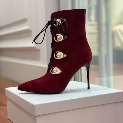 BALMAIN 26S BOOT 95 MM IN DARK RED SUEDE PEARL BUTTON