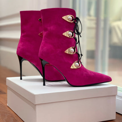 BALMAIN 26S BOOT 95 MM IN DARK PINK SUEDE PEARL BUTTON