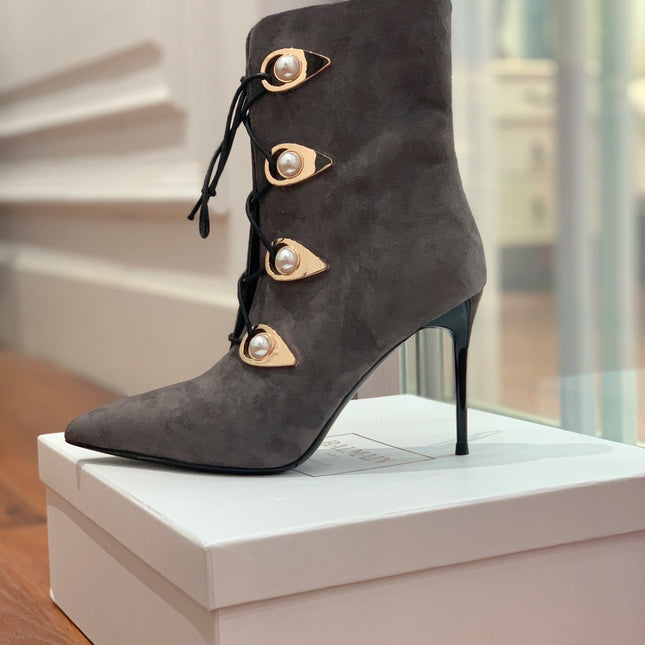 BALMAIN 26S BOOT 95 MM IN CHARCOAL GREY SUEDE PEARL BUTTON