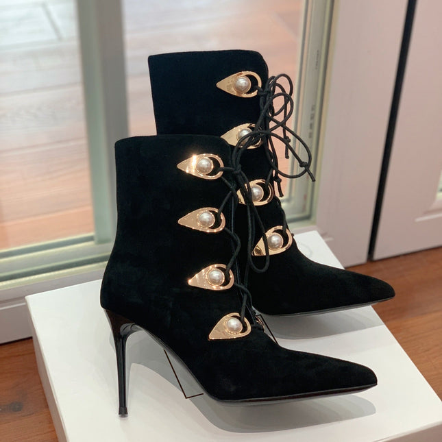 BALMAIN 26S BOOT 95 MM IN BLACK SUEDE PEARL BUTTON