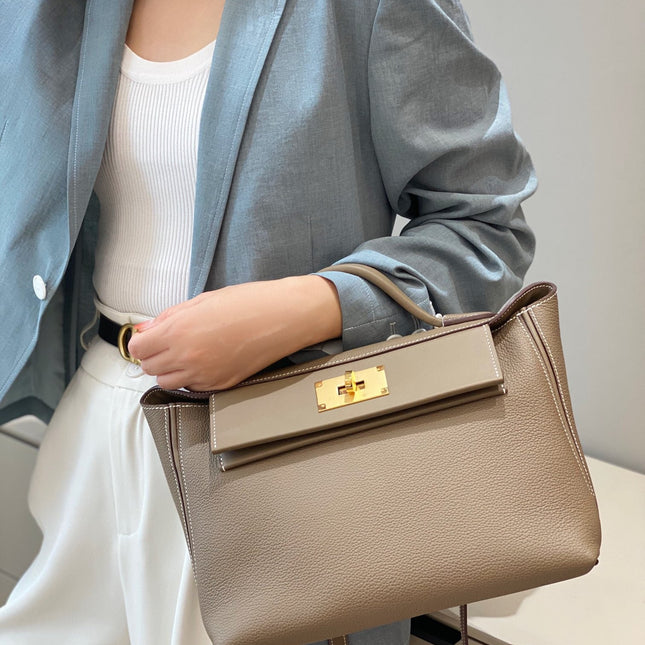MINI 24/24 29CM IN TOGO ETOUPE EVERCOLOR CALFSKIN GOLD KELLY BUCKLE