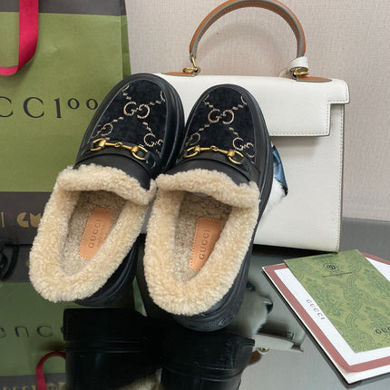 GG LOAFER IN BLACK JACQUARD AND CALFSKIN WITH BEIGE WOOL LINING