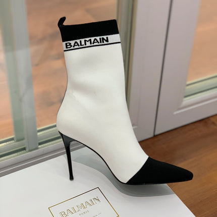 BALMAIN 26S BOOTS 105 MM IN WHITE AND BLACK FLYKNIT STYLE 18