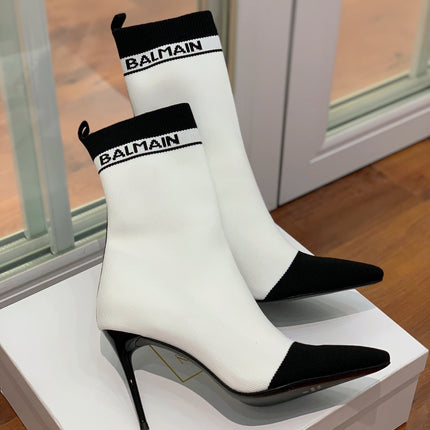 BALMAIN 26S BOOTS 105 MM IN WHITE AND BLACK FLYKNIT STYLE 18