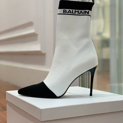 BALMAIN 26S BOOTS 105 MM IN WHITE AND BLACK FLYKNIT STYLE 18