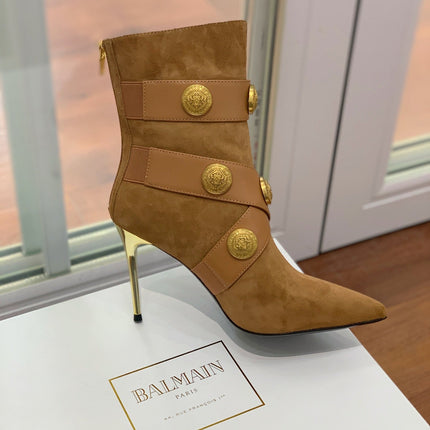 BALMAIN 26S BOOT 105 MM IN BROWN SUEDE WITH GOLD HARDWARE