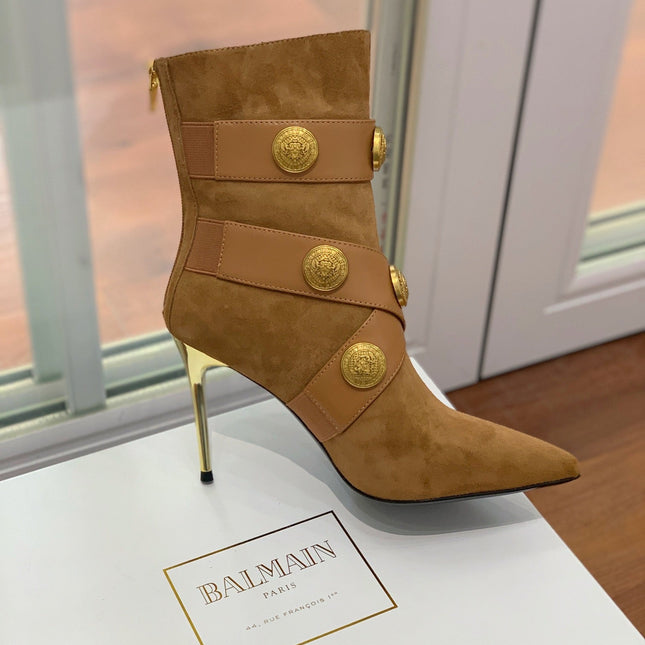 BALMAIN 26S BOOT 105 MM IN BROWN SUEDE WITH GOLD HARDWARE