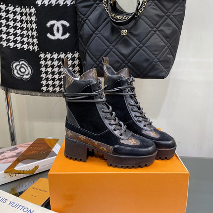 LAUREATE PLATFORM BOOTS IN BLACK SUEDE AND CHOCOLATE BROWN CALFSKIN