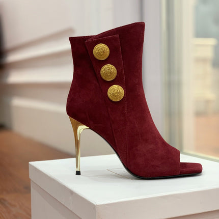 BALMAIN 26S OPEN-TOE BOOTS 95 MM IN DARK RED SUEDE