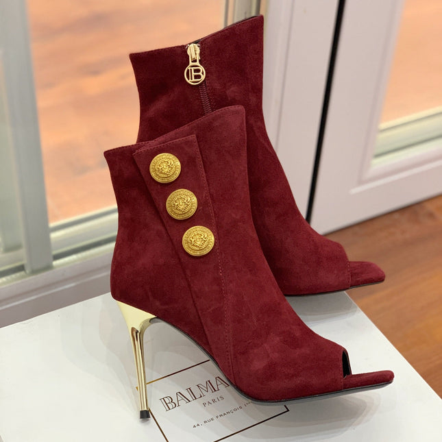 BALMAIN 26S OPEN-TOE BOOTS 95 MM IN DARK RED SUEDE