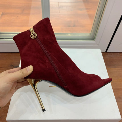 BALMAIN 26S OPEN-TOE BOOTS 95 MM IN DARK RED SUEDE