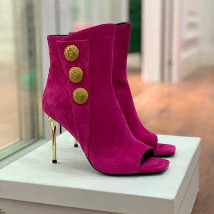BALMAIN 26S OPEN-TOE BOOTS 95 MM IN DARK PINK SUEDE